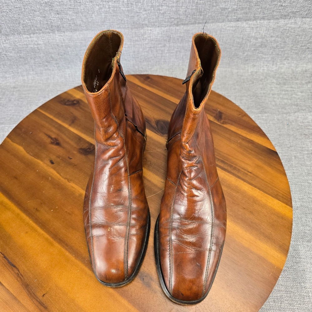 Vintage Mens Brown Leather Side Zip Square Toe Ankle Boots Size 11 D 93164 CI - Picture 3 of 14